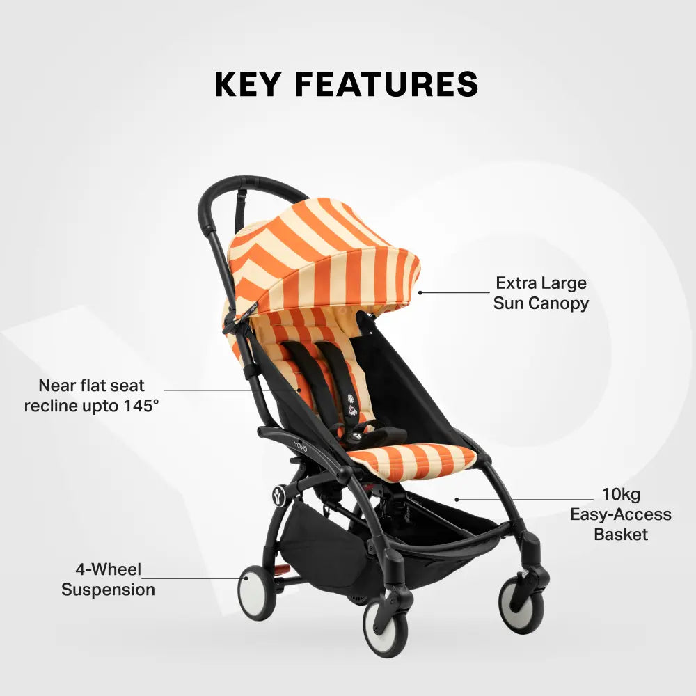 Stokke YOYO3 Riviera Stroller - Limited Edition Summer Collection | Includes Matching Seat Cushion, Canopy &amp; Parasol | Cabin Friendly Ultra Compact Fold | UPF 50+ Sun Protection | Lightweight at 6.7 kg | 6 Months to 4 Years - Black/Capri