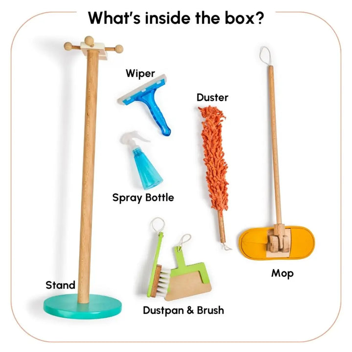 Curious Cub Wooden Kids Cleaning Play Set | Pretend Play Mop, Brush &amp; Spray Bottle | Montessori Life Skills Toy | 1 Year+