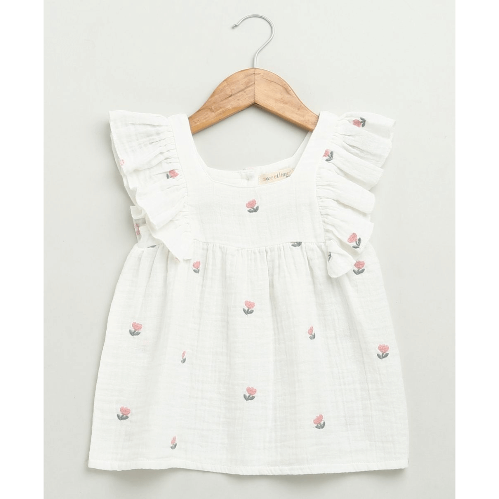 Sweetlime By AS Pink Floral Embroidery Ruffle Organic Cotton Co-ord Set