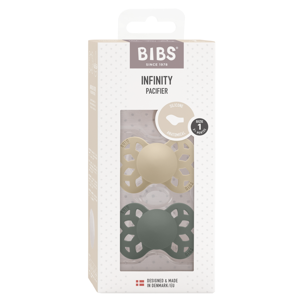 Bibs Silicone Anatomical Pacifier Nipple Size 1 - Pack of 2 (Infinity) - Vanilla & Pine