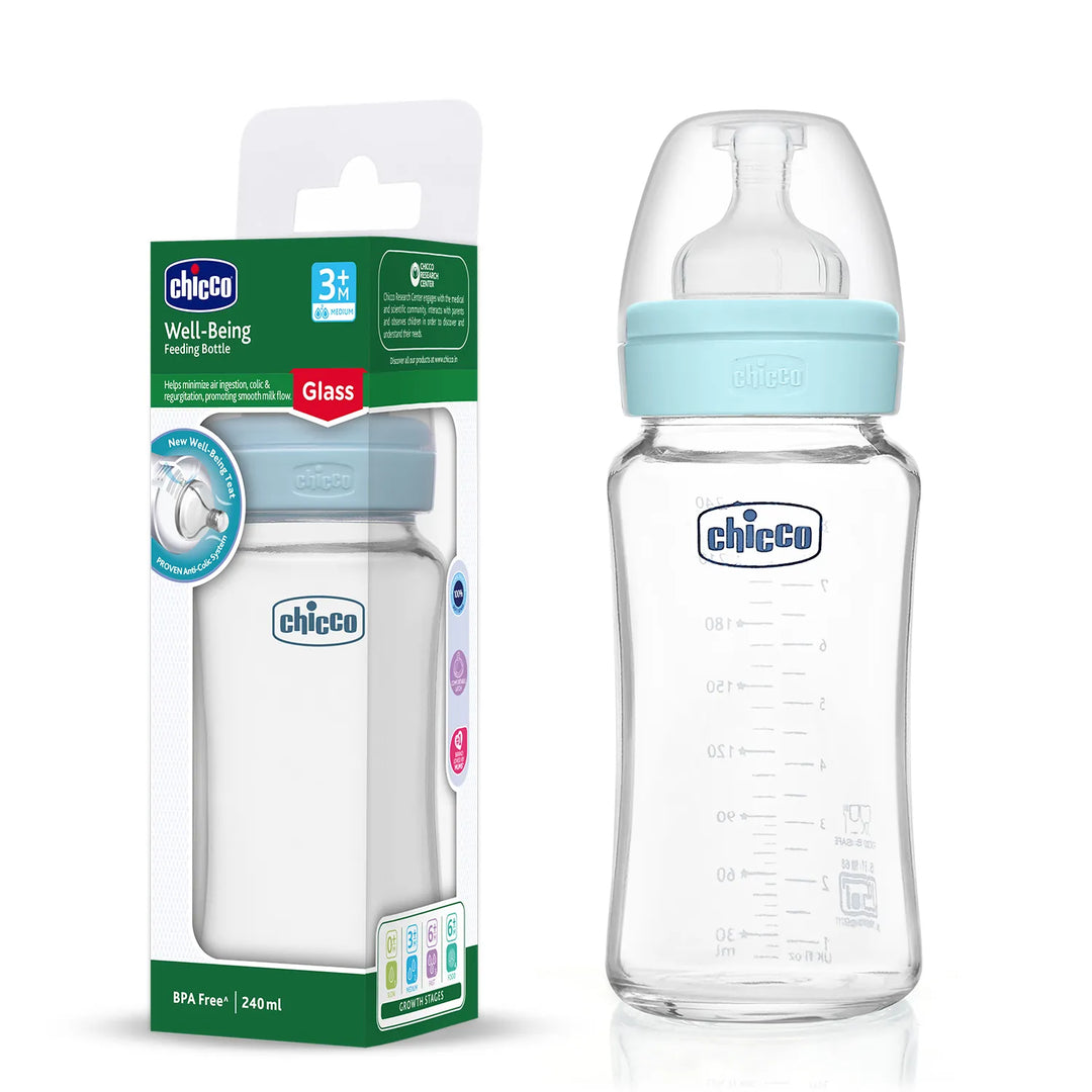 Chicco Well-Being Glass Feeding Bottle (240ml, Medium Flow) - Blue