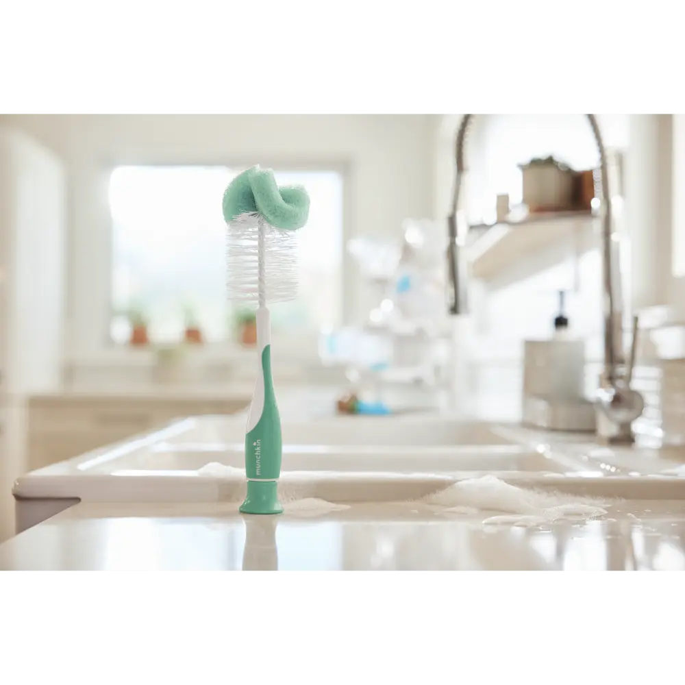 Munchkin Sponge Bottle Brush - with Suction Base and  Soft Rubber Nipple Brush - Sage Green