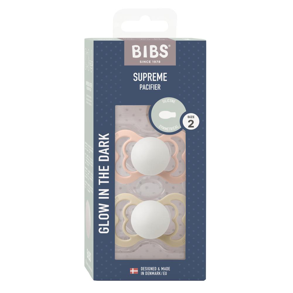 BIBS Glow in the Dark Silicone Symmetrical Nipple Pacifier Size 2 - Pack of 2 (Supreme) - Blush &amp; Vanilla