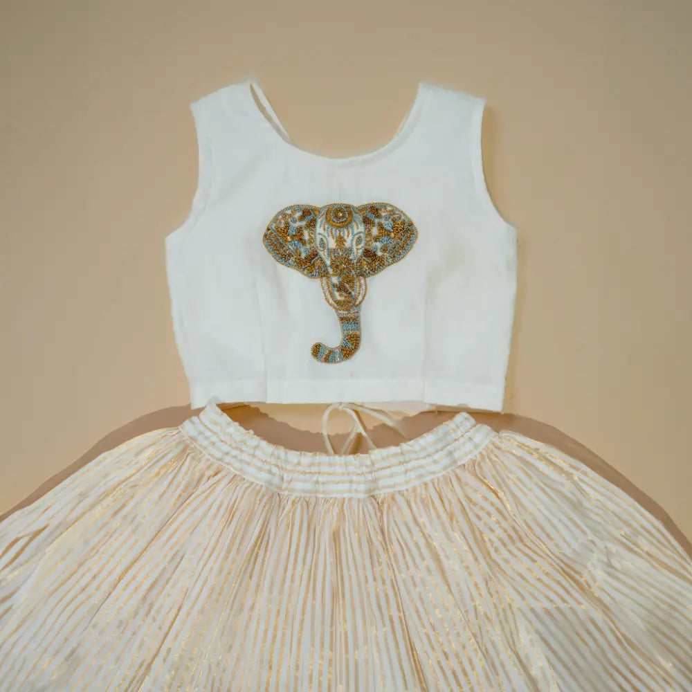 Purecloth.Co Royal Elephant Embroidery Skirt &amp; Top| Off-White