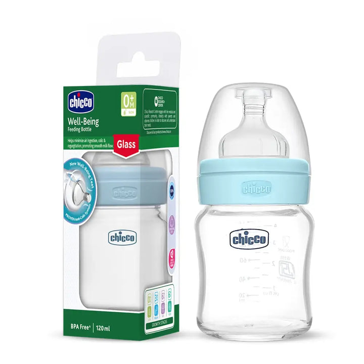 Chicco Well-Being Glass Feeding Bottle (120ml, Slow Flow) - Blue
