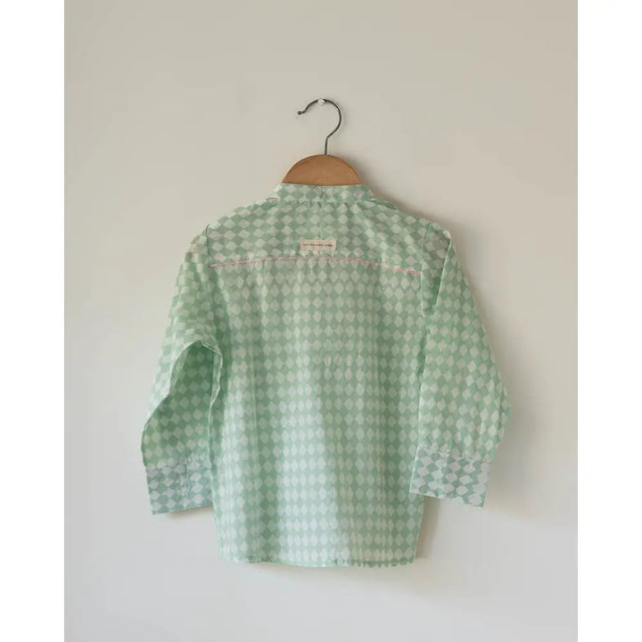 Love The World Today Unisex Barefoot Boy Shirt In Sage Green Rhombus