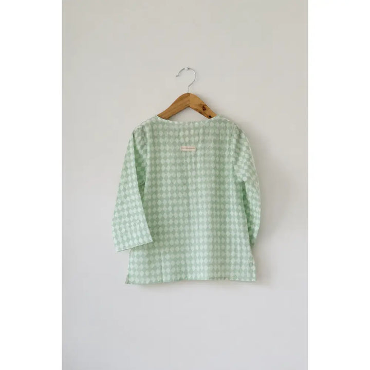 Love The World Today Sleepover Party Kids Unisex Kurta In Sage Green Rhombus