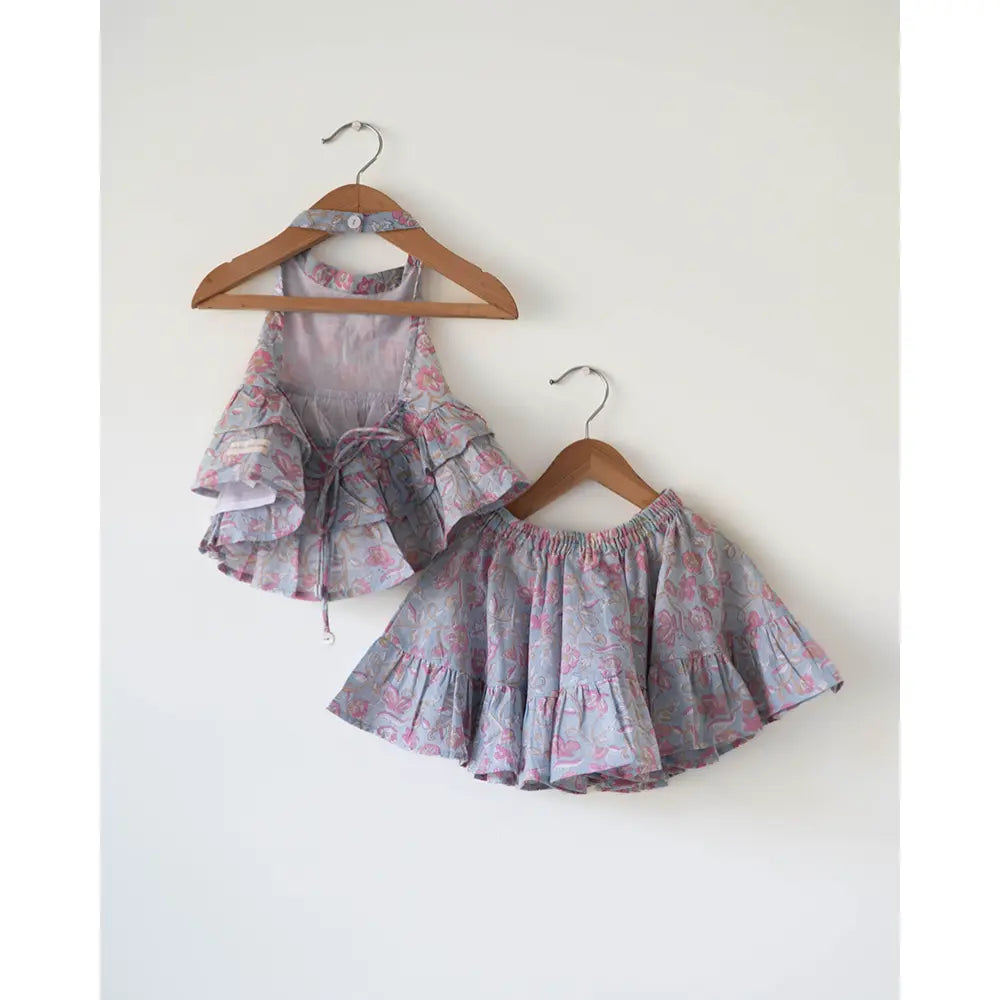 Love The World Today Flutter Sky Blue Butterfly Halter Top Skirt Co-Ord For Girls