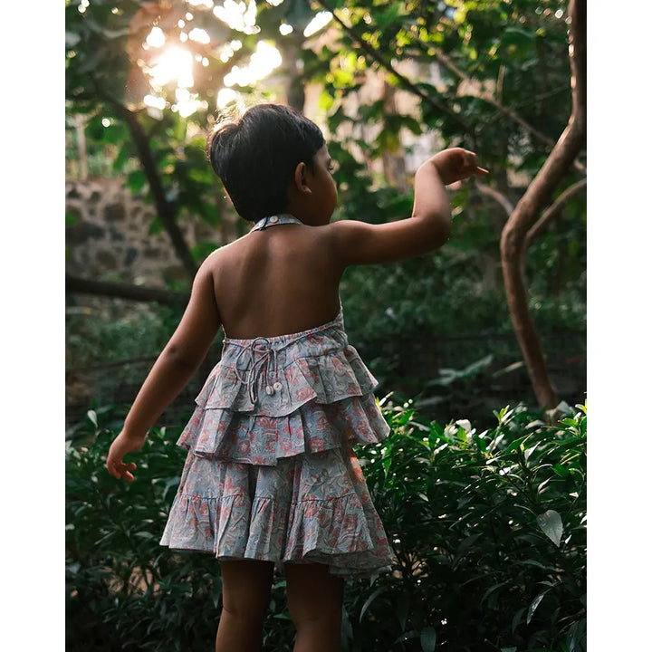 Love The World Today Flutter Sky Blue Butterfly Halter Top Skirt Co-Ord For Girls