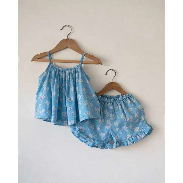 Love The World Today Blossom Powder Blue Spaghetti Top Shorts Set For Girls