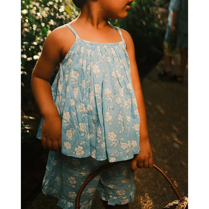 Love The World Today Blossom Powder Blue Spaghetti Top Shorts Set For Girls