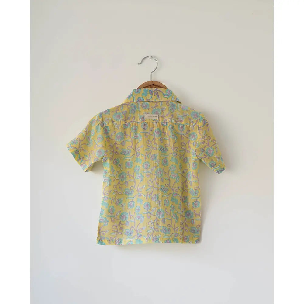 Love The World Today Unisex Boogie Shirt In Lemon Yellow Butterfly Blockprint