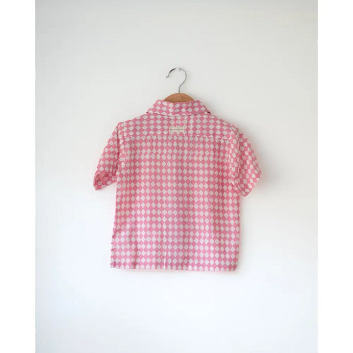 Love The World Today Boogie Pink White Rhombus Short Sleeve Shirt For Boys