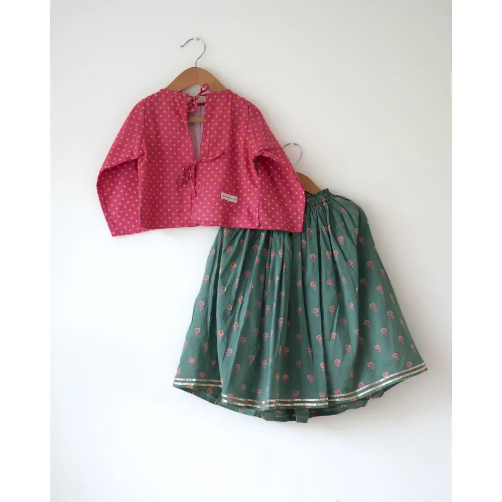 Love The World Today Kopal Magenta Polka Blouse &amp; Green Floral Booti Lehenga Set For Girls