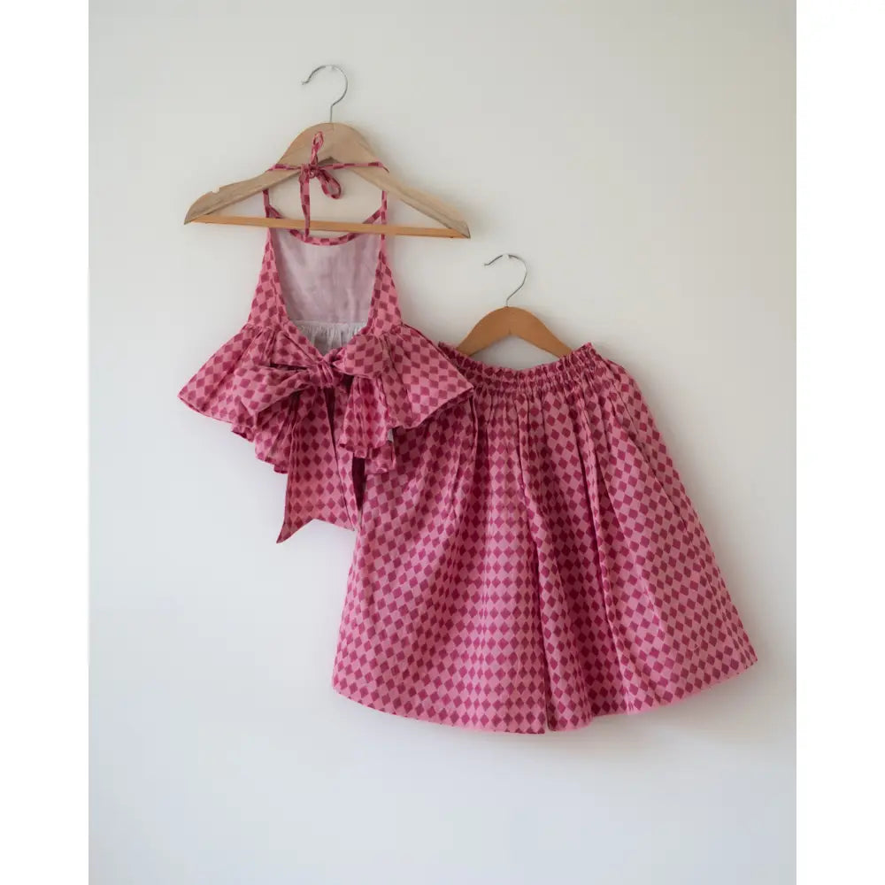 Love The World Today Mishri Pink Rhombus Halter Top &amp; Wide-Leg Palazzo Set For Girls