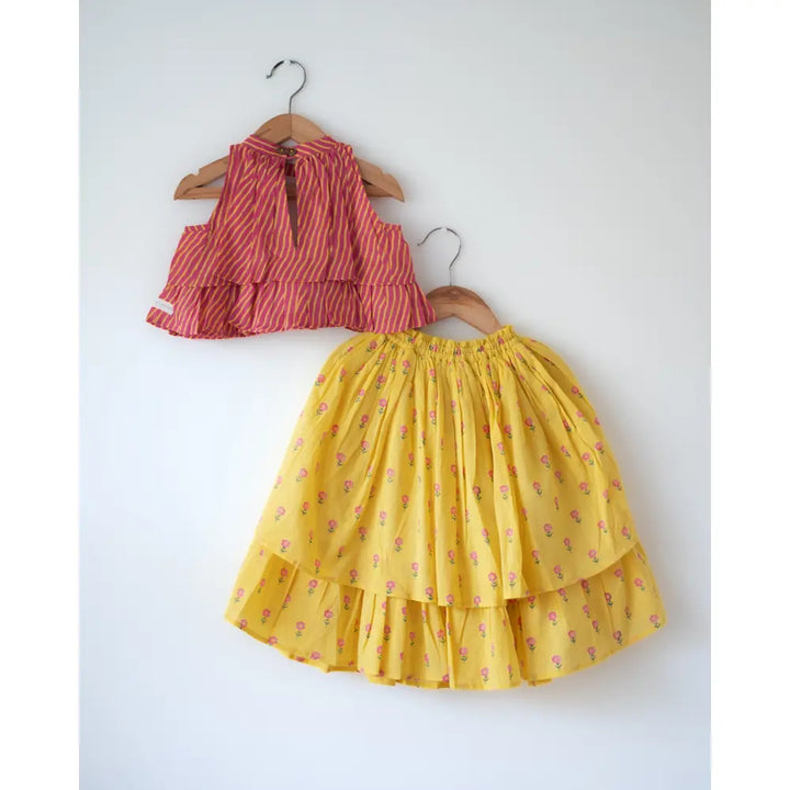 Love The World Today Meera Pink Striped Halter Choli and Yellow Floral Booti Lehenga Set For Girls