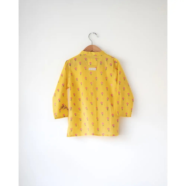 Love The World Today Meera Yellow Flower Booti Cotton Kurta For Boys