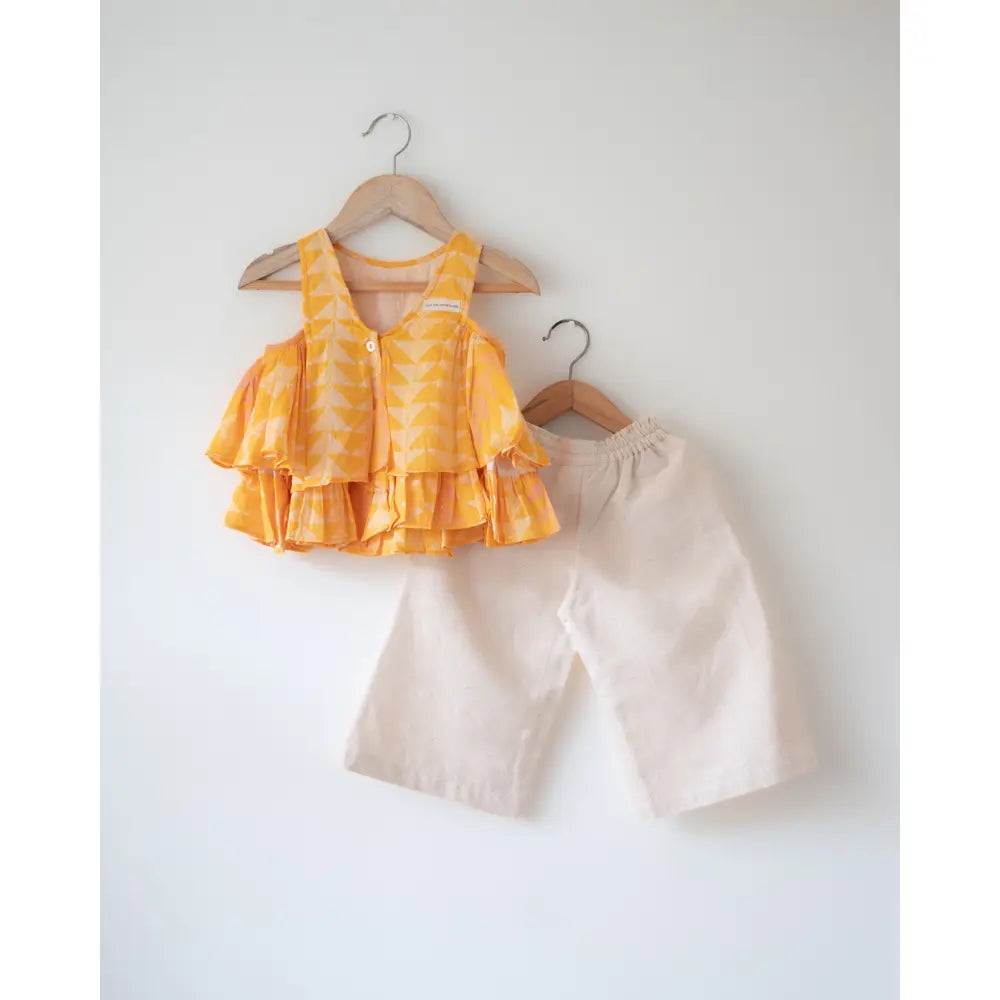 Love The World Today Chandan Mustard Yellow Ruffle Top &amp; Off-White Palazzo Set For Girls