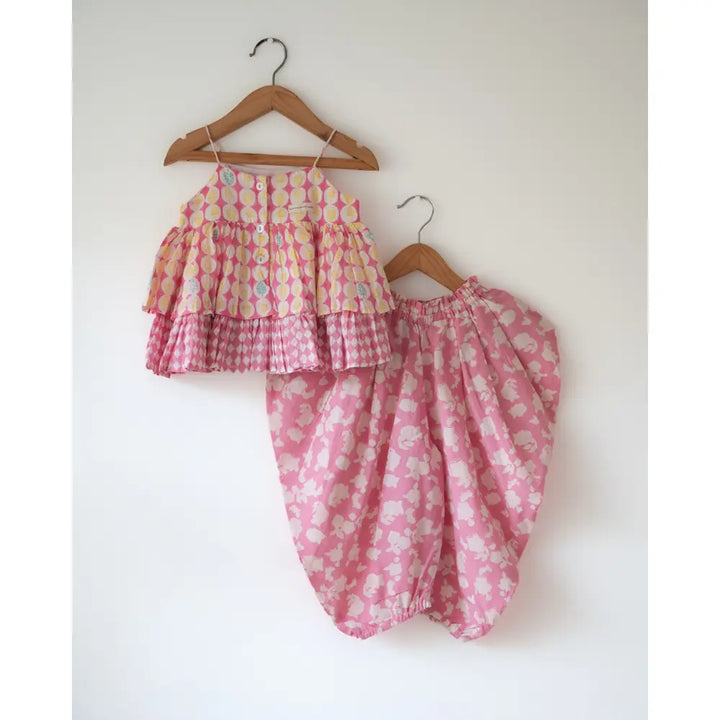 Love The World Today Leela Flared Top For Girls With Pink Floral Cowl Dhoti Pants Co-Ord Set