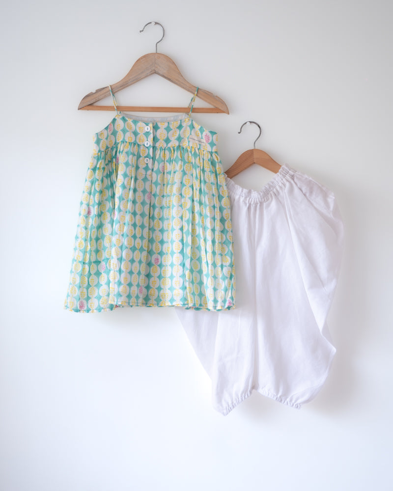 Love The World Today Rasa Green Monstera Print Kurta with White Cowl Dhoti Pants Set with Dupatta For Girls