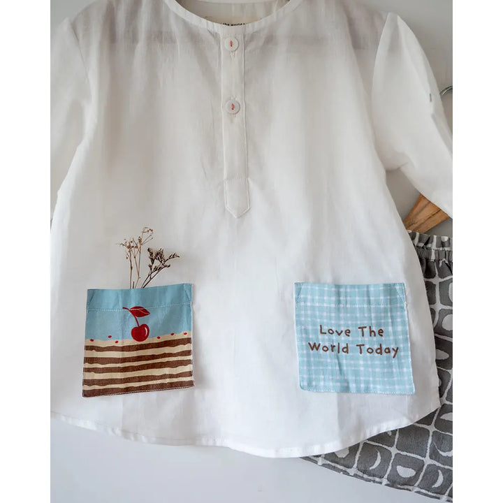 Love The World Today Sleepover Party Kurta and Shorts Co-ord Set - First Slice Print - White