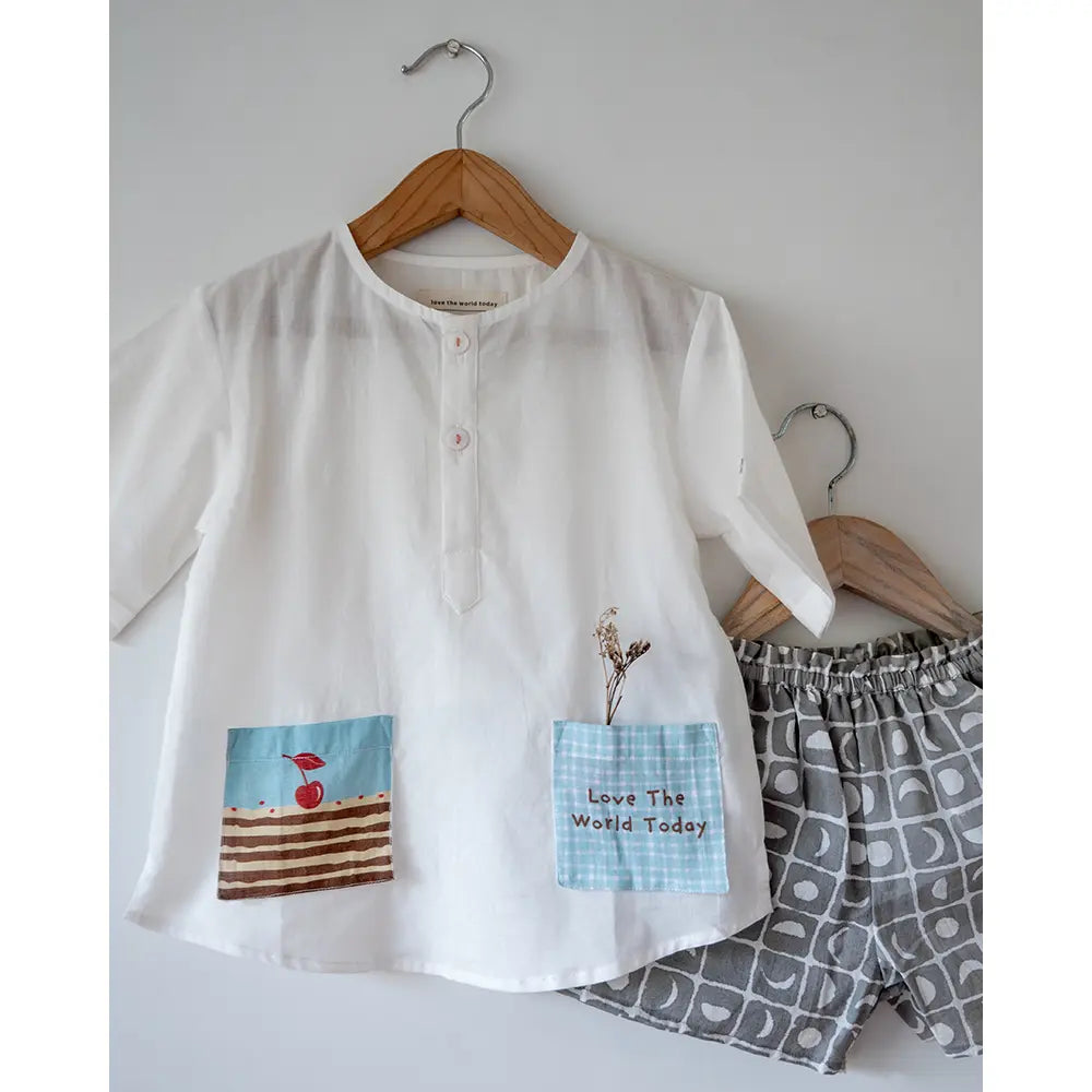 Love The World Today Sleepover Party Kurta and Shorts Co-ord Set - First Slice Print - White
