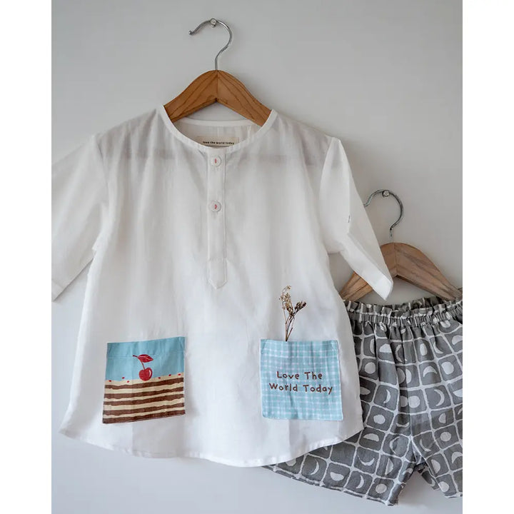 Love The World Today Sleepover Party Kurta and Shorts Co-ord Set - First Slice Print - White