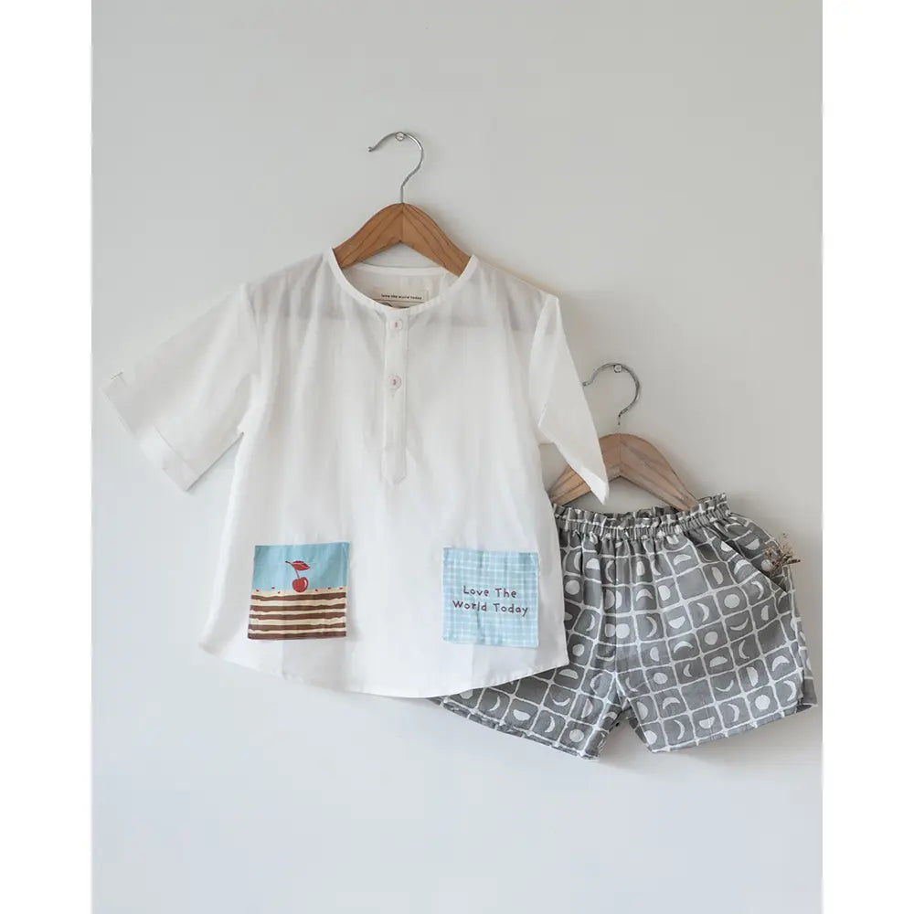 Love The World Today Sleepover Party Kurta and Shorts Co-ord Set - First Slice Print - White