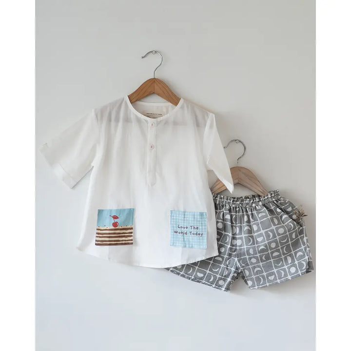 Love The World Today Sleepover Party Kurta and Shorts Co-ord Set - First Slice Print - White