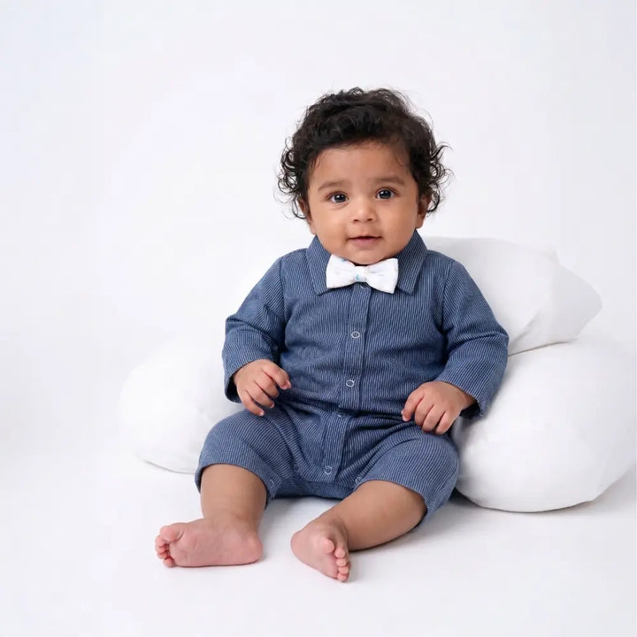 PureCloth.Co Adventure Romper with Bow Tie - Blue Stipes