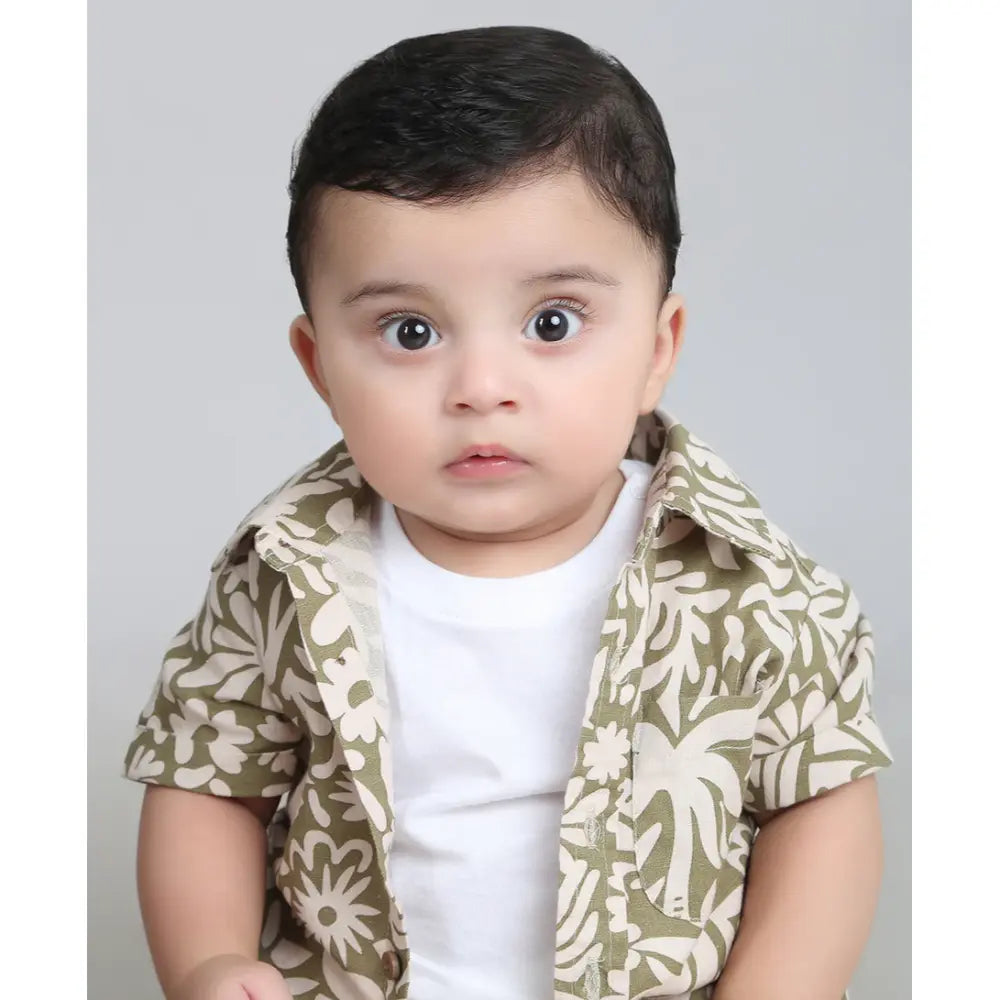 Sweetlime By AS Baby Boys Tropical Bloom Cotton Co-ord Set - Olive &amp; Beige