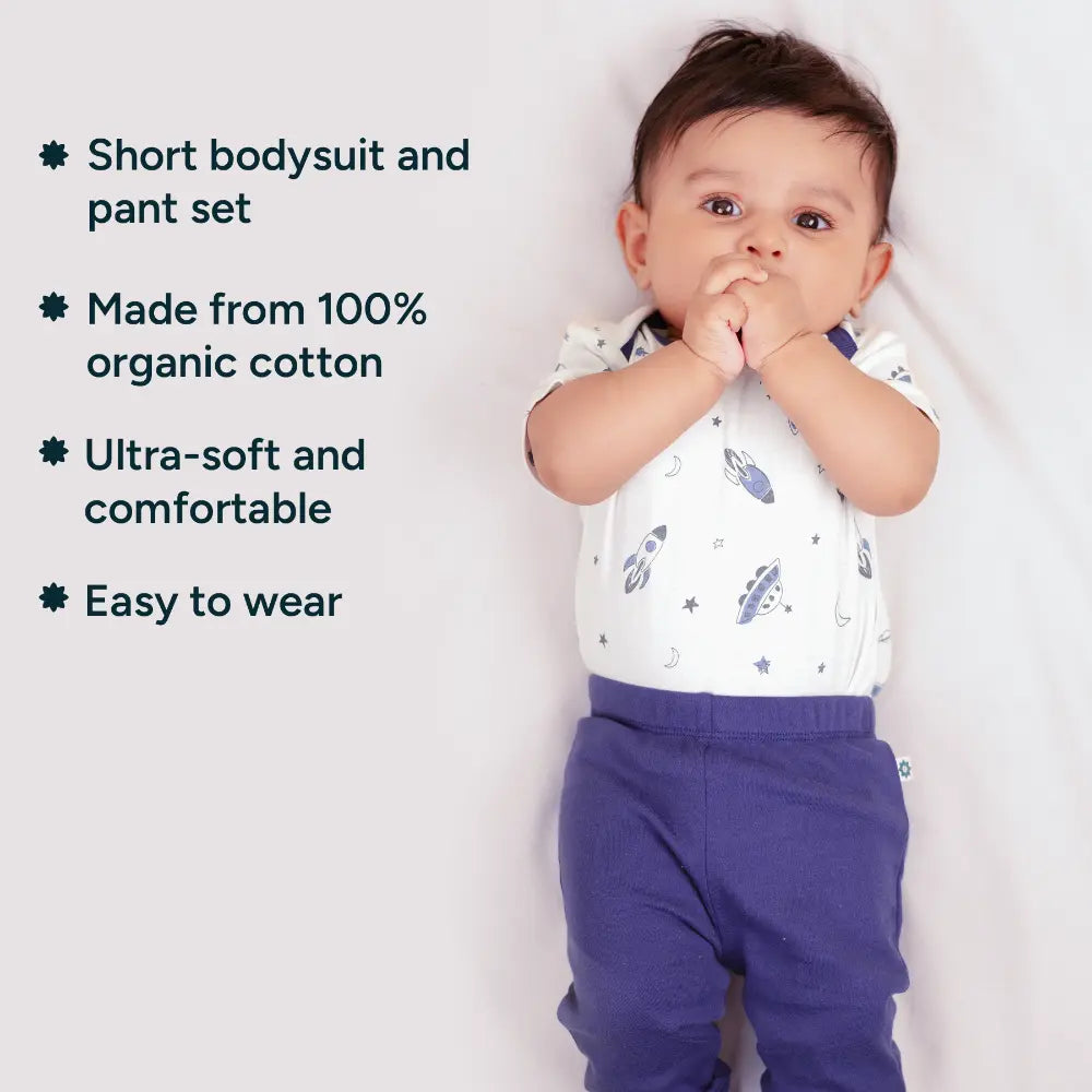 Nintara Baby 100% Cotton Unisex Bodysuit &amp; Pant Set – Up in space (Pack of 1)