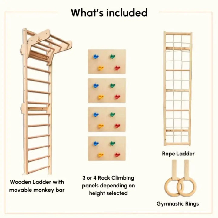 Curious Cub L-Shaped Corner Jungle Gym | 5 Components - Wooden Ladder, Moveable Monkey Bar, Rock Climbing, Rope ladder, Gymnastic Rings | Ages 4-15 Years