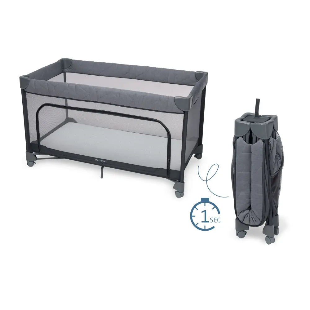 Maxi-Cosi Merlin Travel Cot, One-Step Fold, 3cm Thick Cushioned Mattress, Travel-Friendly with Included Travel Bag, Birth-4 Years - Elegance Graphite