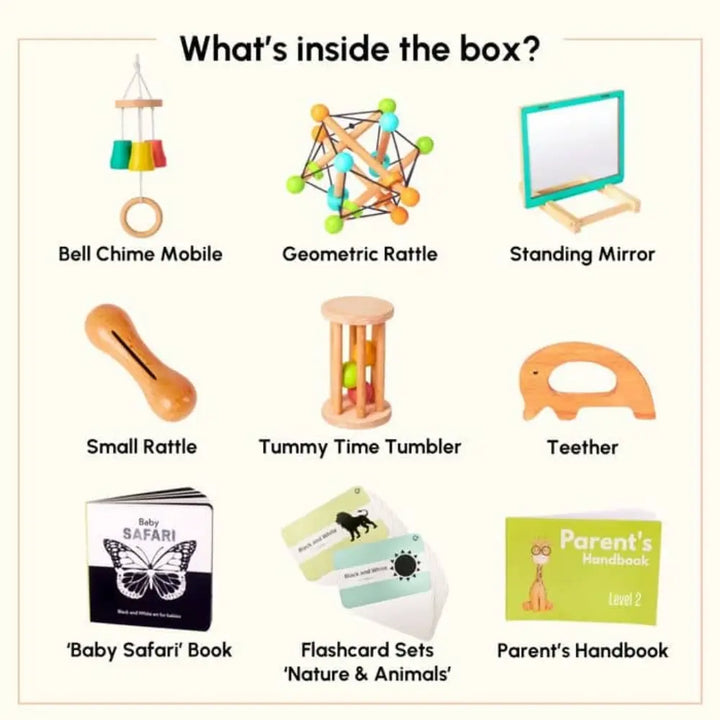 Curious Cub Montessori Box 2 | 9-Piece Baby Sensory Toy Set | Rattle, Mirror, Teether, Flashcards &amp; more | 3+ Months