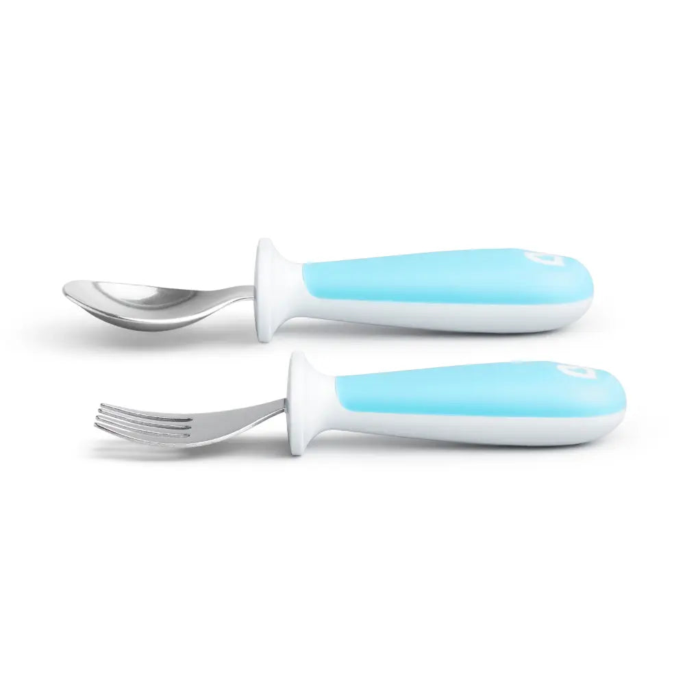 Munchkin Raise  Toddler Fork &amp; Spoon Set – Self-Feeding Utensils with Germ-Free Raised Base, BPA-Free, 12+ Months - Blue