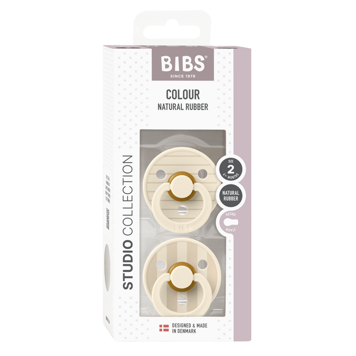 BIBS Studio Natural Rubber Baby Pacifiers – Round &amp; Soft Nipple, Size 2 (6–18 Months), Pack of 2, Ivory &amp; Vanilla Mix – BPA‑Free, 100% Food‑Grade Soother