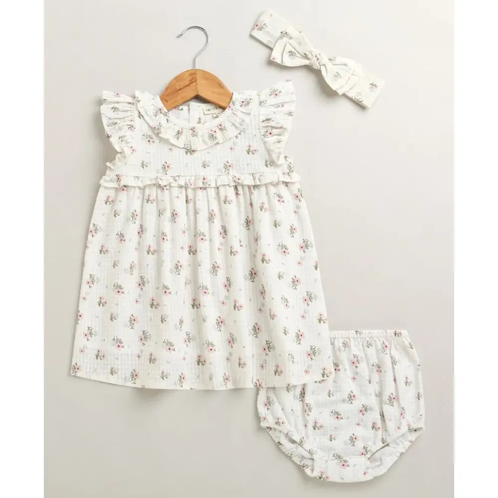 Sweetlime By As Sweet Blossom Ruffle Organic Cotton Dress &amp; Bloomer Set with Hairband - Off White