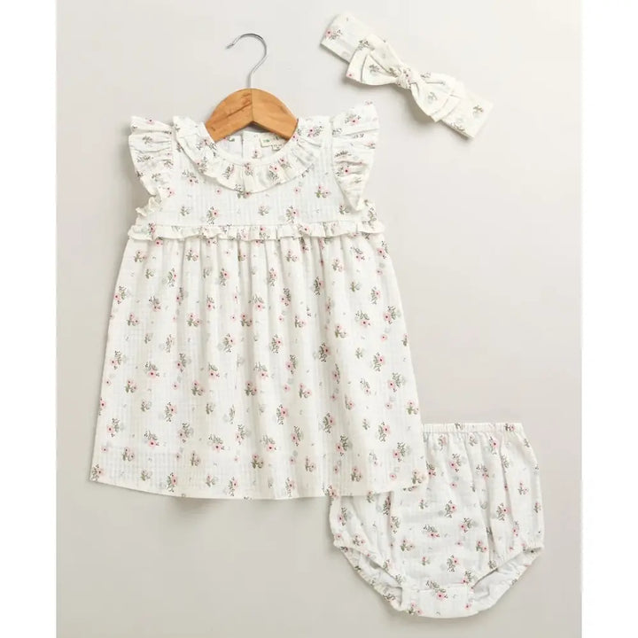 Sweetlime By As Sweet Blossom Ruffle Organic Cotton Dress &amp; Bloomer Set with Hairband - Off White