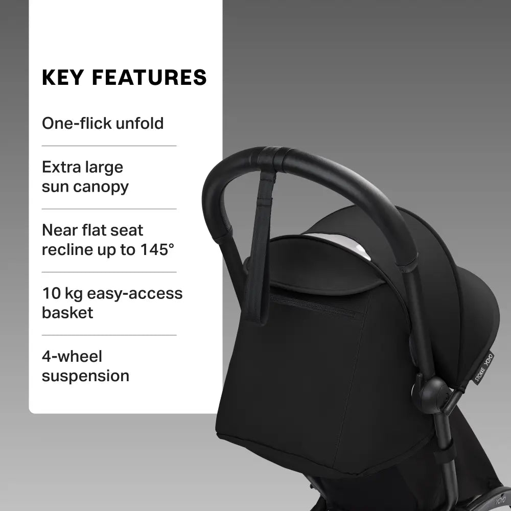 Stokke YOYO3 Stroller | Lightweight Compact Travel Stroller for Babies | Cabin Friendly &amp; Foldable | UPF 50+ Sun Protection | 5 Point Safety Harness | Award Winning Design | YOYO Stroller India | 6 Months to 4 Years - Black/Black