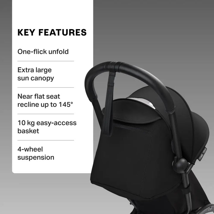 Stokke YOYO3 Stroller | Lightweight Compact Travel Stroller for Babies | Cabin Friendly &amp; Foldable | UPF 50+ Sun Protection | 5 Point Safety Harness | Award Winning Design | YOYO Stroller India | 6 Months to 4 Years - Black/Black