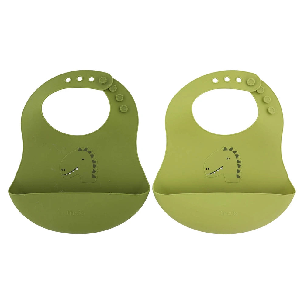 Trixie Silicone Baby Bib Set | 100% Food-Grade Silicone Feeding Bib with Food Catcher Pocket, Adjustable Fit &amp; Easy-Clean Design | 2-Pack | 4 Months Onwards | Mr. Dino