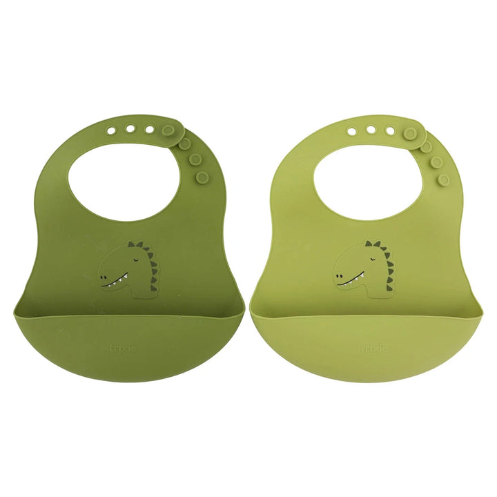 Trixie Silicone Baby Bib Set | 100% Food-Grade Silicone Feeding Bib with Food Catcher Pocket, Adjustable Fit &amp; Easy-Clean Design | 2-Pack | 4 Months Onwards | Mr. Dino
