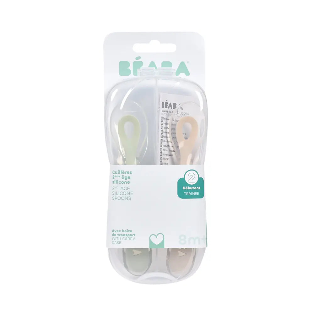 Beaba 2nd Stage Silicone Spoon - Baby Led Weaning Self Feeding Training Spoon with Ultra Soft Tip, Gum Friendly, Ergonomic Handles, BPA Free, Set of 2, Clay/Misty Green, 8m+