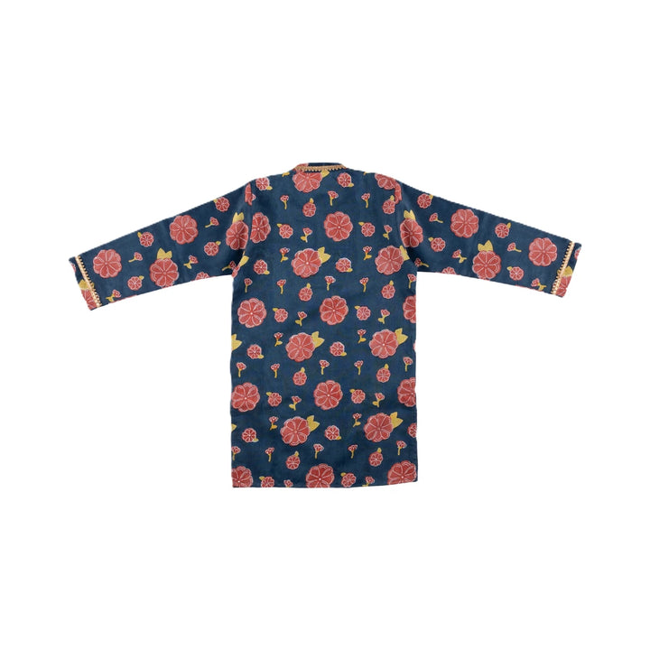 Dulaar Chanderi Kurta Pyjama Set for Boys | Hand-Block Printed (Gota Work)-Genda Phool (Midnight)