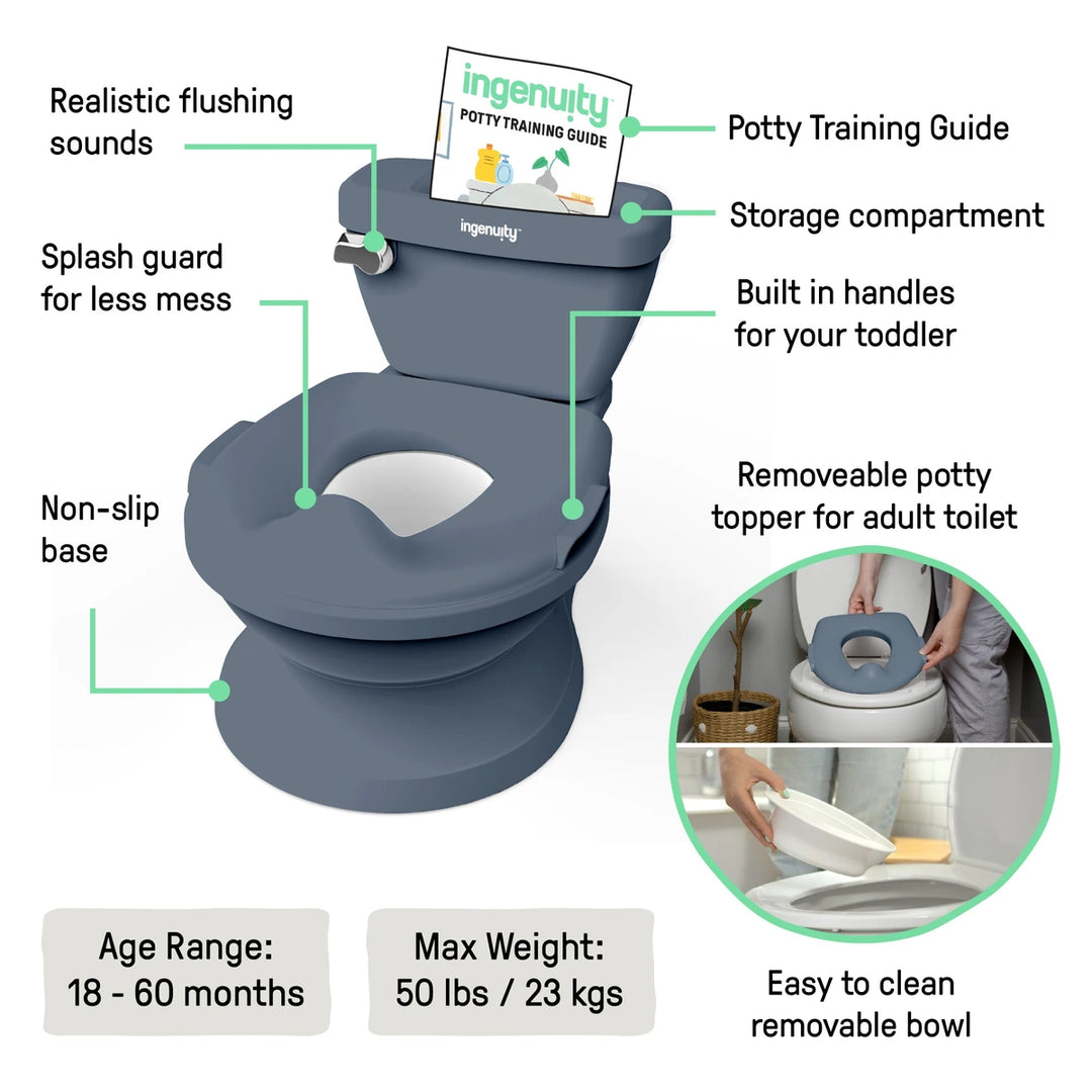 Ingenuity My Size Potty Pro 2-in-1 Toddler Potty Training Toilet with Flush Sound &amp; Detachable Potty Ring, 18 - 60 months/ Upto 22.5 Kgs - Blue