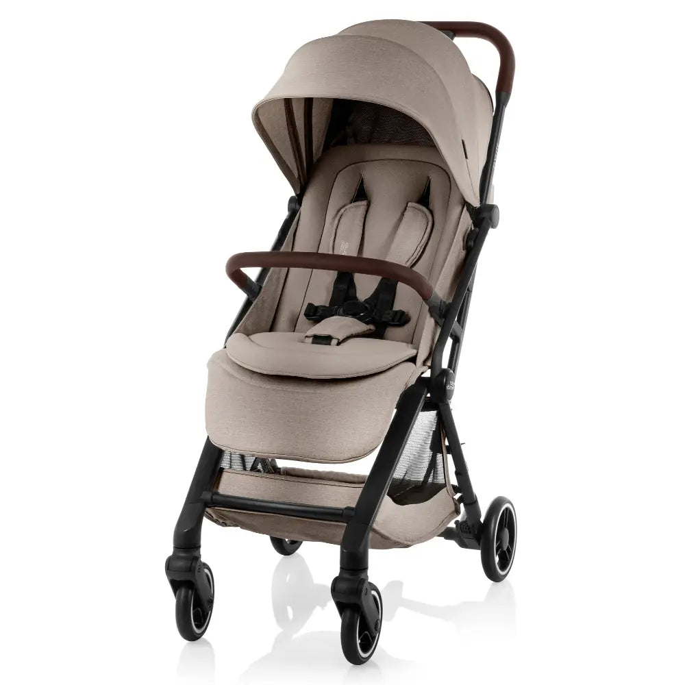 Britax Flylite Cabin Approved Lightweight Compact Stroller|Comfort Soft Insert|One Hand Auto Fold|Flat Reclining Seat|Extra Large Extendable Canopy|0-4Y|Upto 22Kg - Teak