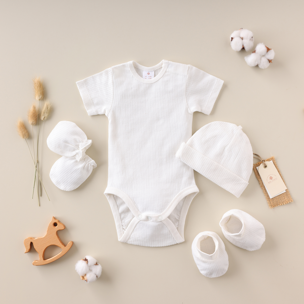 Baby Forest Poshaak Baby Bodysuit set with Cap, Mitten & Booties - Pearl White