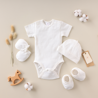 Baby Forest Poshaak Baby Bodysuit set with Cap, Mitten & Booties - Pearl White