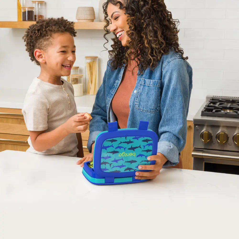 Bentgo Kids Prints with 5 Compartments, Leak-Proof Bento Lunch Box, BPA &amp; PFAS-Free, Microwave &amp; Dishwasher Safe Tray,  3–7 Years - Sharks